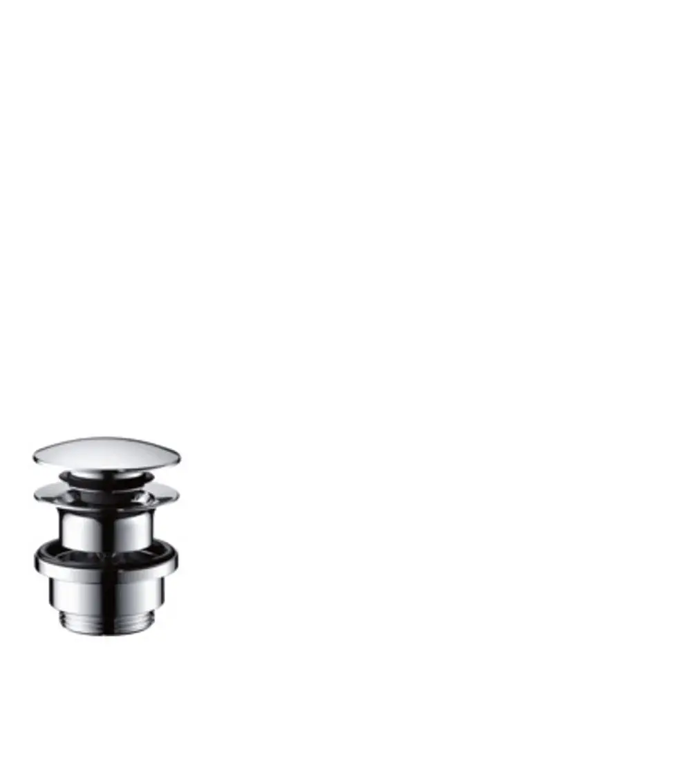 Chromfarbene Ablaufgarnitur von Hansgrohe mit Push-Open-Funktion, geeignet für Waschtisch- und Bidetmischer. Kompakte Bauform mit mehreren Elementen.